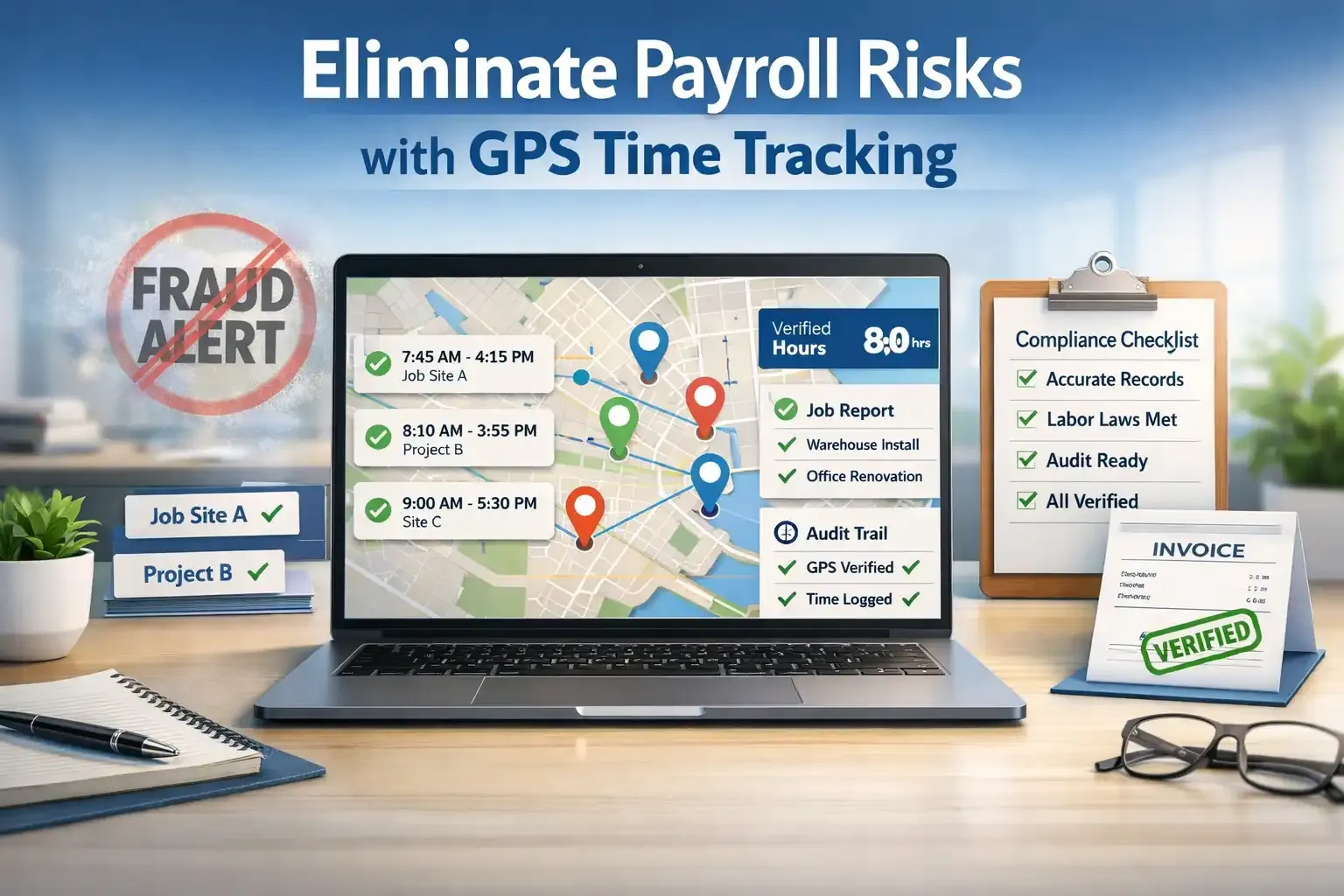 GPS dashboard showing verified work hours, locations, and payroll accuracy
